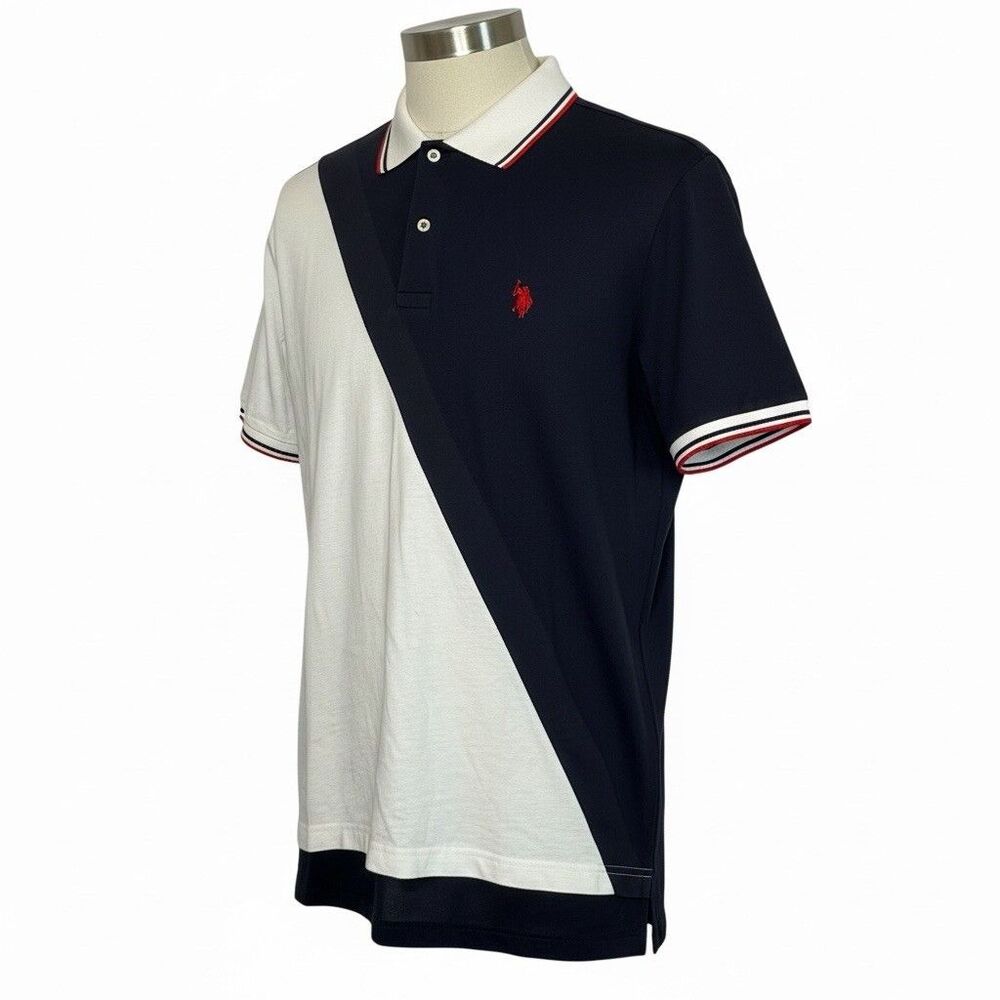 U.S. Polo Assn. Shirt Mens Medium Blue White Colorblock Diagonal Polo Short